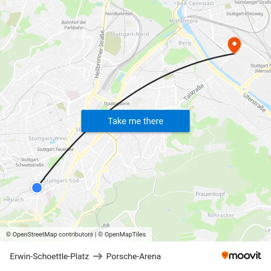 Erwin-Schoettle-Platz to Porsche-Arena map