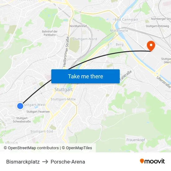 Bismarckplatz to Porsche-Arena map