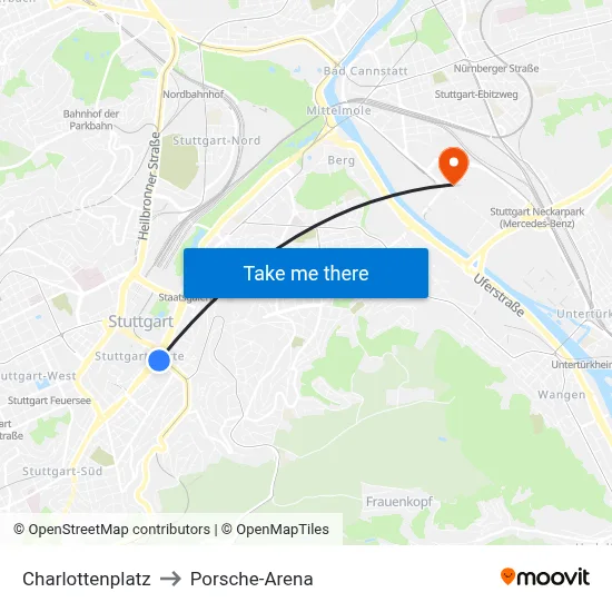 Charlottenplatz to Porsche-Arena map
