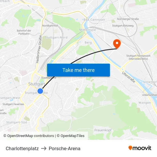 Charlottenplatz to Porsche-Arena map
