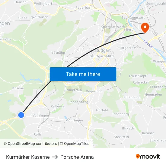 Kurmärker Kaserne to Porsche-Arena map