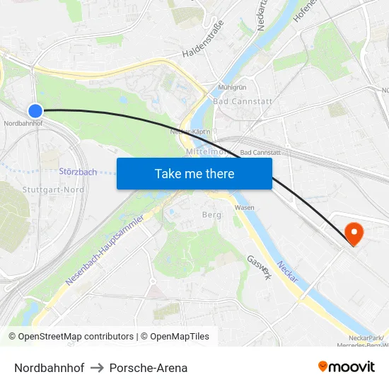Nordbahnhof to Porsche-Arena map