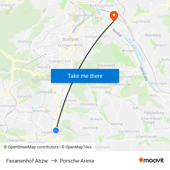 Fasanenhof Abzw. to Porsche-Arena map