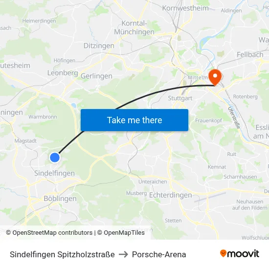 Sindelfingen Spitzholzstraße to Porsche-Arena map