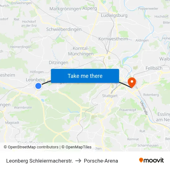 Leonberg Schleiermacherstr. to Porsche-Arena map