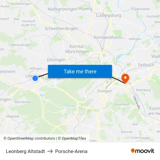 Leonberg Altstadt to Porsche-Arena map