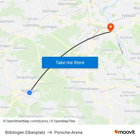 Böblingen Elbenplatz to Porsche-Arena map