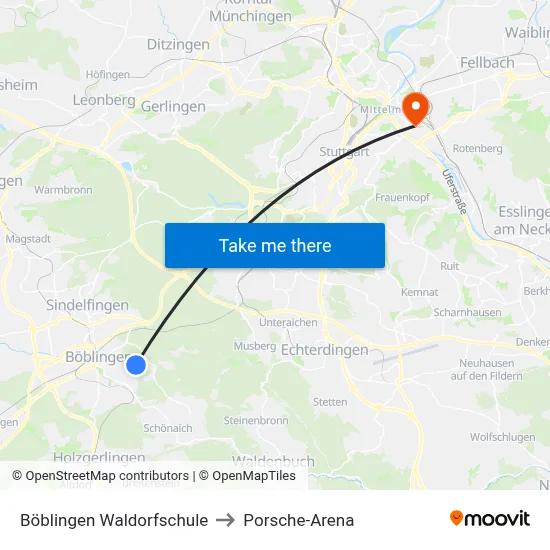 Böblingen Waldorfschule to Porsche-Arena map