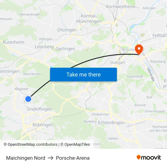 Maichingen Nord to Porsche-Arena map