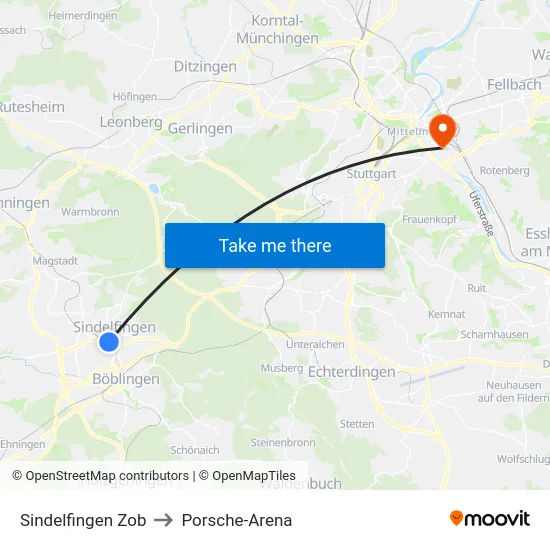 Sindelfingen Zob to Porsche-Arena map