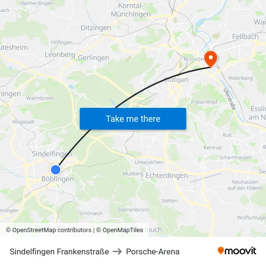 Sindelfingen Frankenstraße to Porsche-Arena map