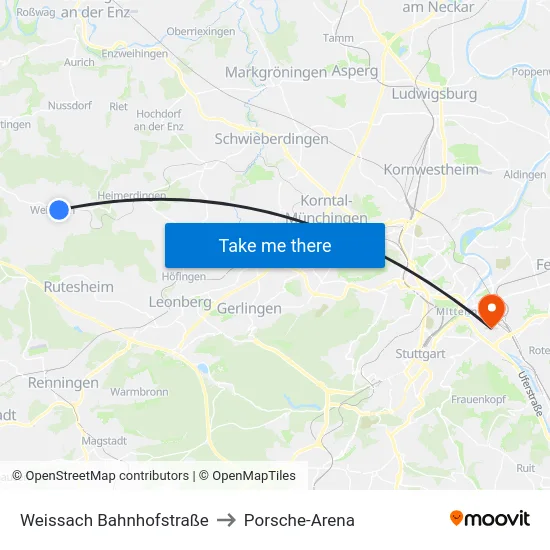 Weissach Bahnhofstraße to Porsche-Arena map