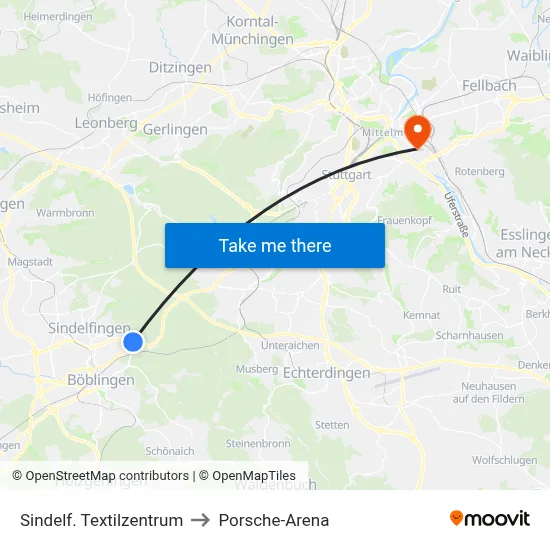 Sindelf. Textilzentrum to Porsche-Arena map
