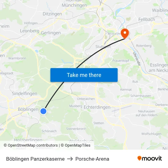 Böblingen Panzerkaserne to Porsche-Arena map