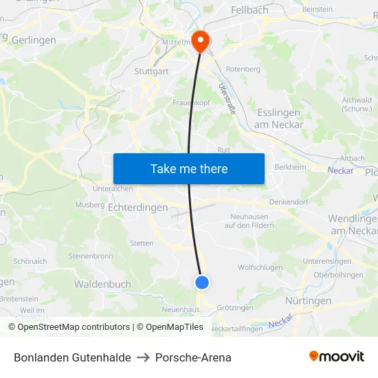 Bonlanden Gutenhalde to Porsche-Arena map