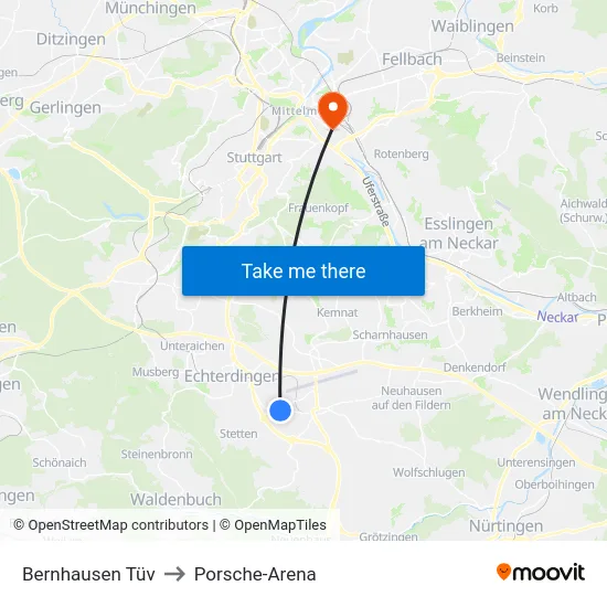 Bernhausen Tüv to Porsche-Arena map