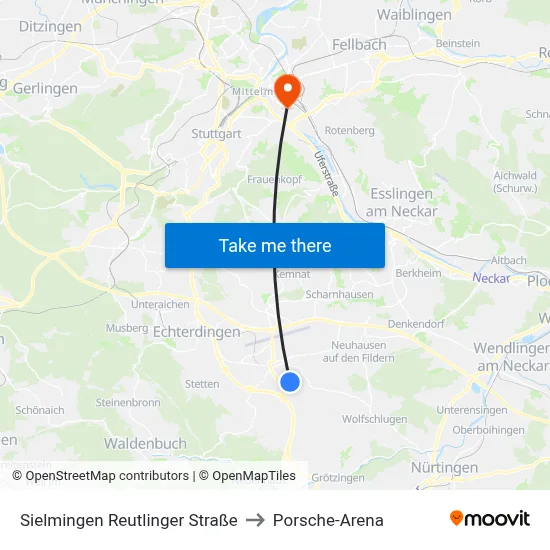 Sielmingen Reutlinger Straße to Porsche-Arena map