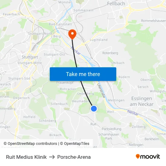 Ruit Medius Klinik to Porsche-Arena map