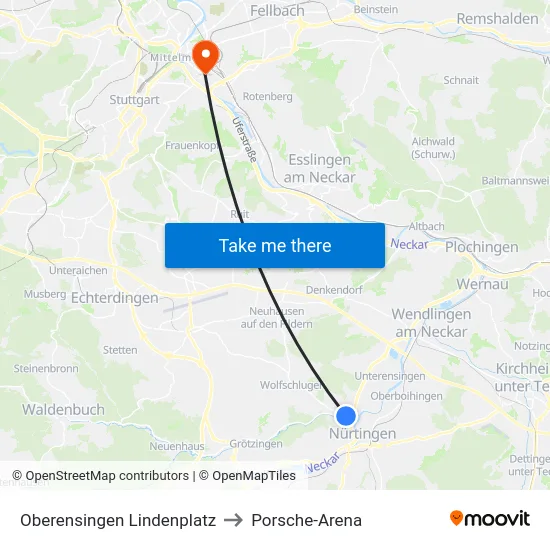 Oberensingen Lindenplatz to Porsche-Arena map