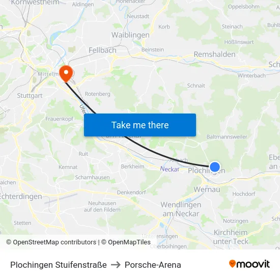 Plochingen Stuifenstraße to Porsche-Arena map