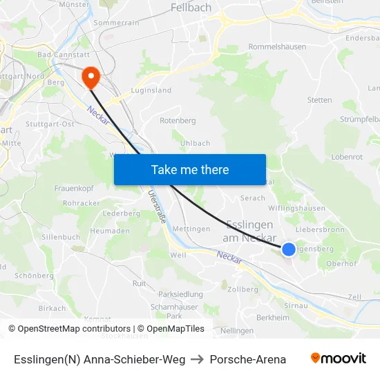 Esslingen(N) Anna-Schieber-Weg to Porsche-Arena map