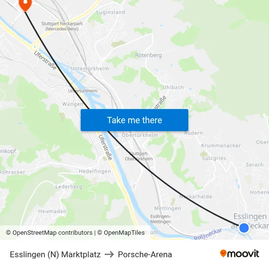 Esslingen (N) Marktplatz to Porsche-Arena map