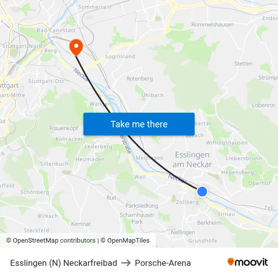 Esslingen (N) Neckarfreibad to Porsche-Arena map