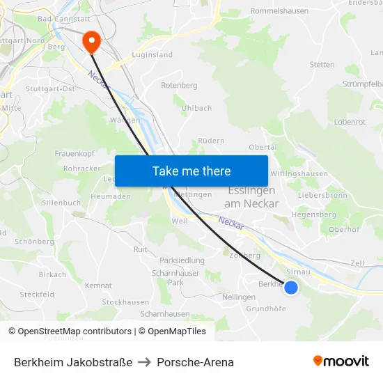 Berkheim Jakobstraße to Porsche-Arena map