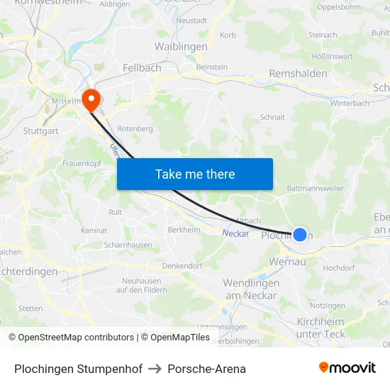 Plochingen Stumpenhof to Porsche-Arena map