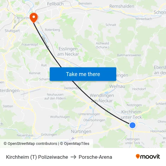 Kirchheim (T) Polizeiwache to Porsche-Arena map