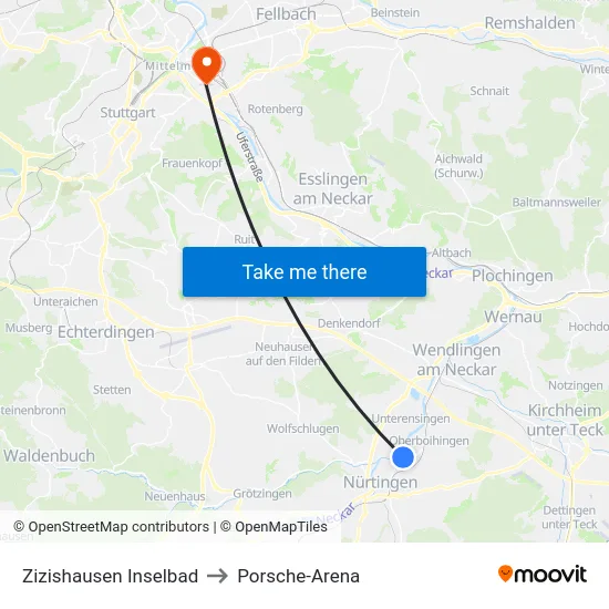 Zizishausen Inselbad to Porsche-Arena map