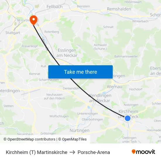 Kirchheim (T) Martinskirche to Porsche-Arena map