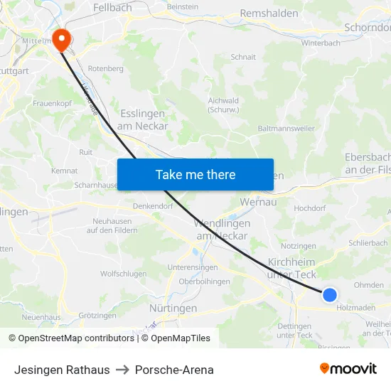 Jesingen Rathaus to Porsche-Arena map
