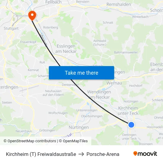 Kirchheim (T) Freiwaldaustraße to Porsche-Arena map