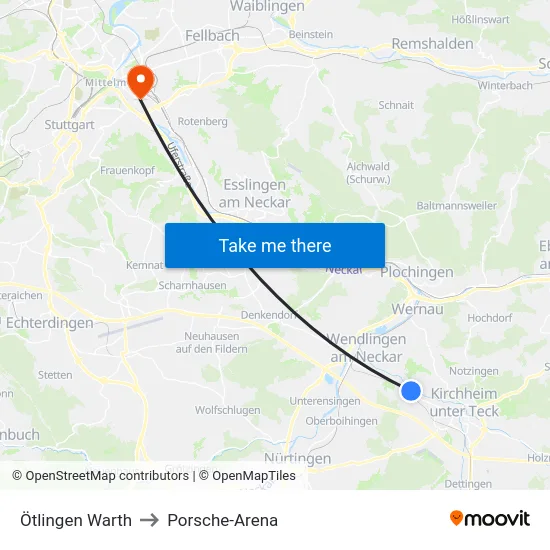 Ötlingen Warth to Porsche-Arena map