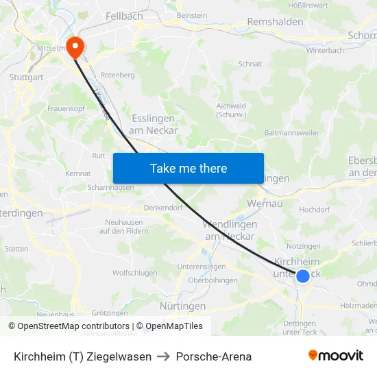 Kirchheim (T) Ziegelwasen to Porsche-Arena map