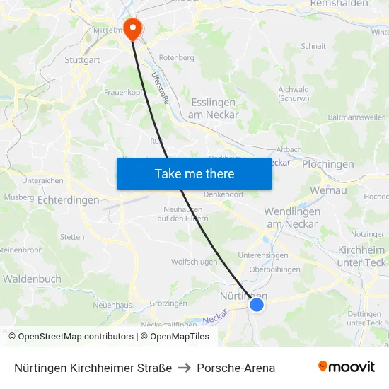 Nürtingen Kirchheimer Straße to Porsche-Arena map