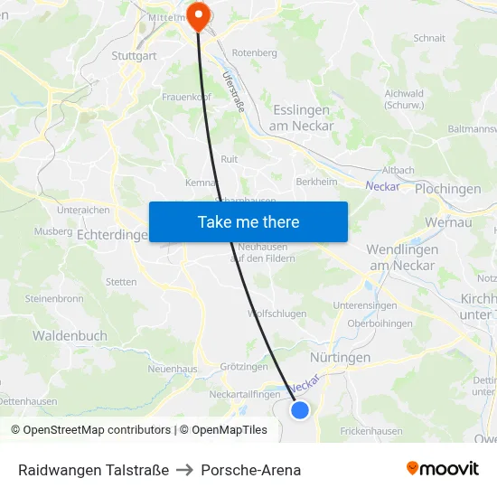 Raidwangen Talstraße to Porsche-Arena map