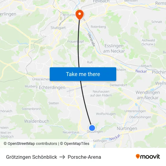 Grötzingen Schönblick to Porsche-Arena map