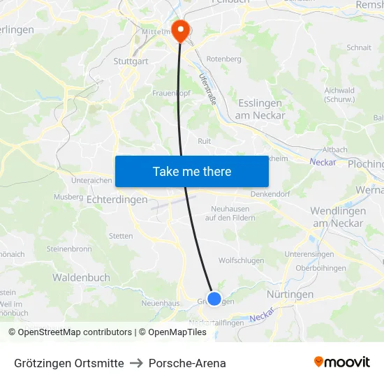 Grötzingen Ortsmitte to Porsche-Arena map