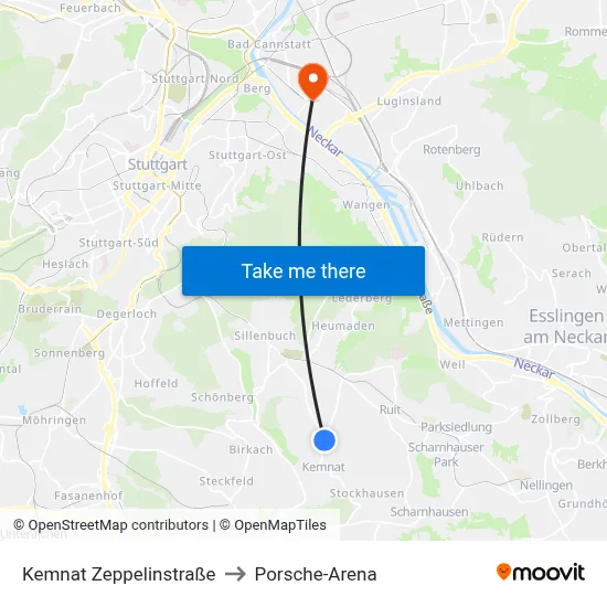 Kemnat Zeppelinstraße to Porsche-Arena map