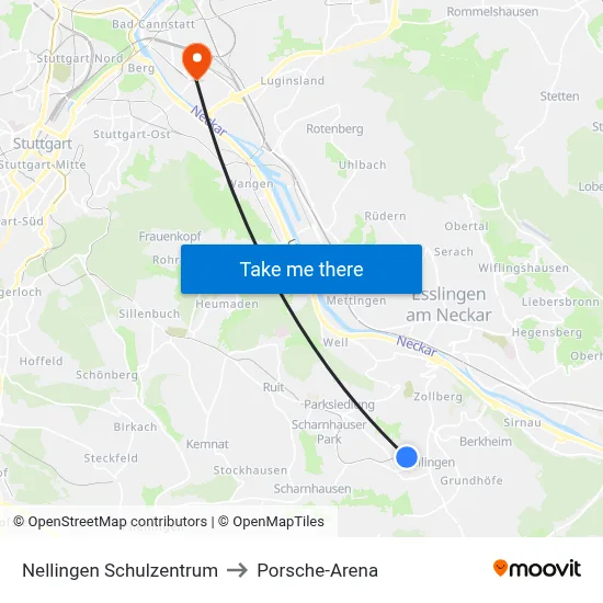 Nellingen Schulzentrum to Porsche-Arena map