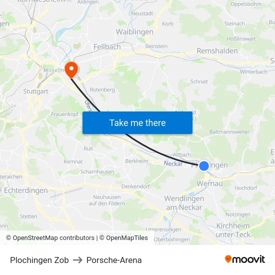 Plochingen Zob to Porsche-Arena map