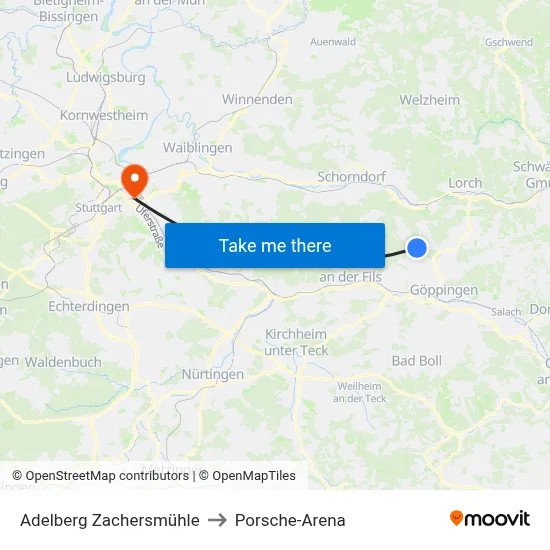 Adelberg Zachersmühle to Porsche-Arena map