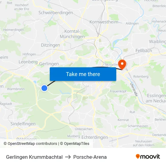 Gerlingen Krummbachtal to Porsche-Arena map