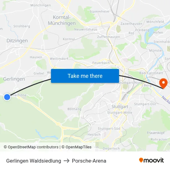 Gerlingen Waldsiedlung to Porsche-Arena map