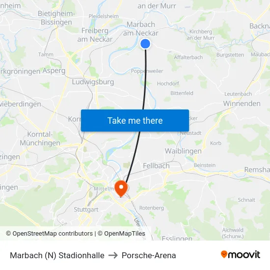 Marbach (N) Stadionhalle to Porsche-Arena map