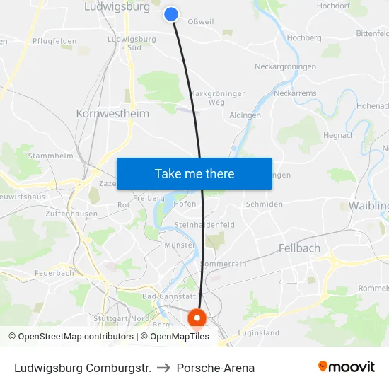 Ludwigsburg Comburgstr. to Porsche-Arena map