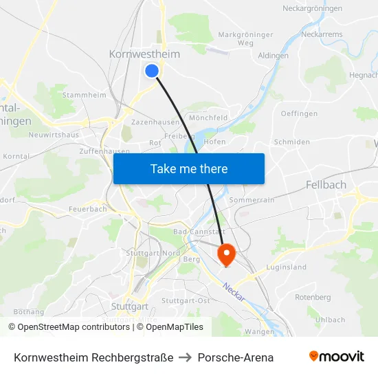 Kornwestheim Rechbergstraße to Porsche-Arena map