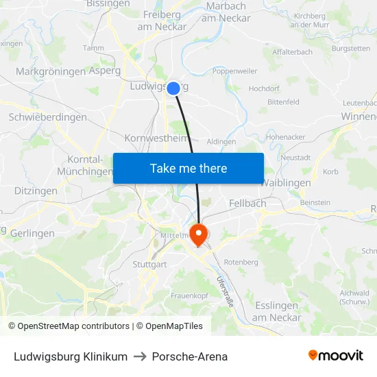 Ludwigsburg Klinikum to Porsche-Arena map